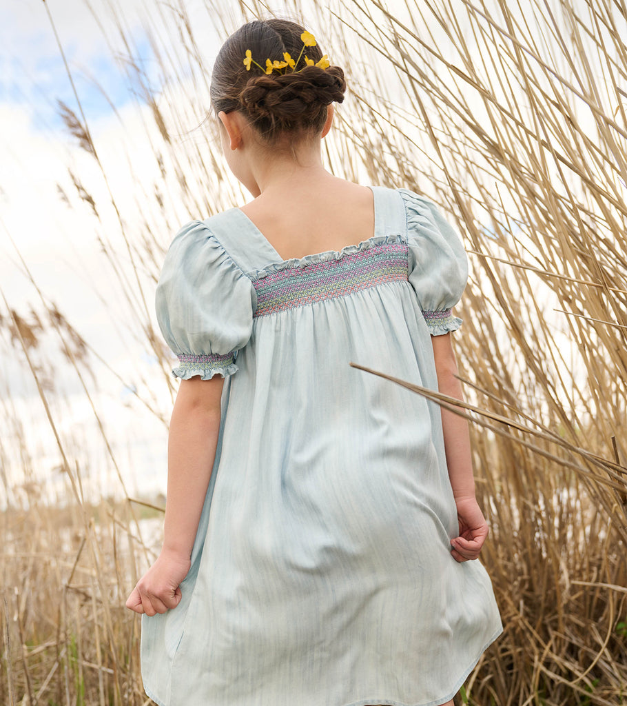 Girls Soft Blue Denim Puff Sleeve Smocked Dress