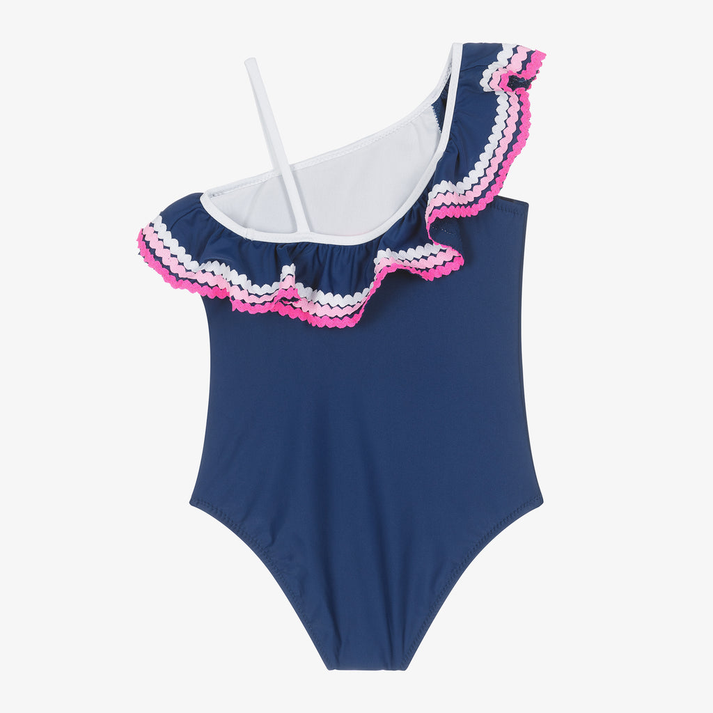 Girls Navy Ric Rac One Shoulder Frill Swimsuit