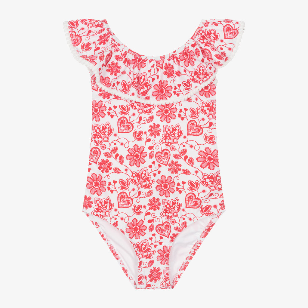 Girls Red Folk Frill Swimsuit