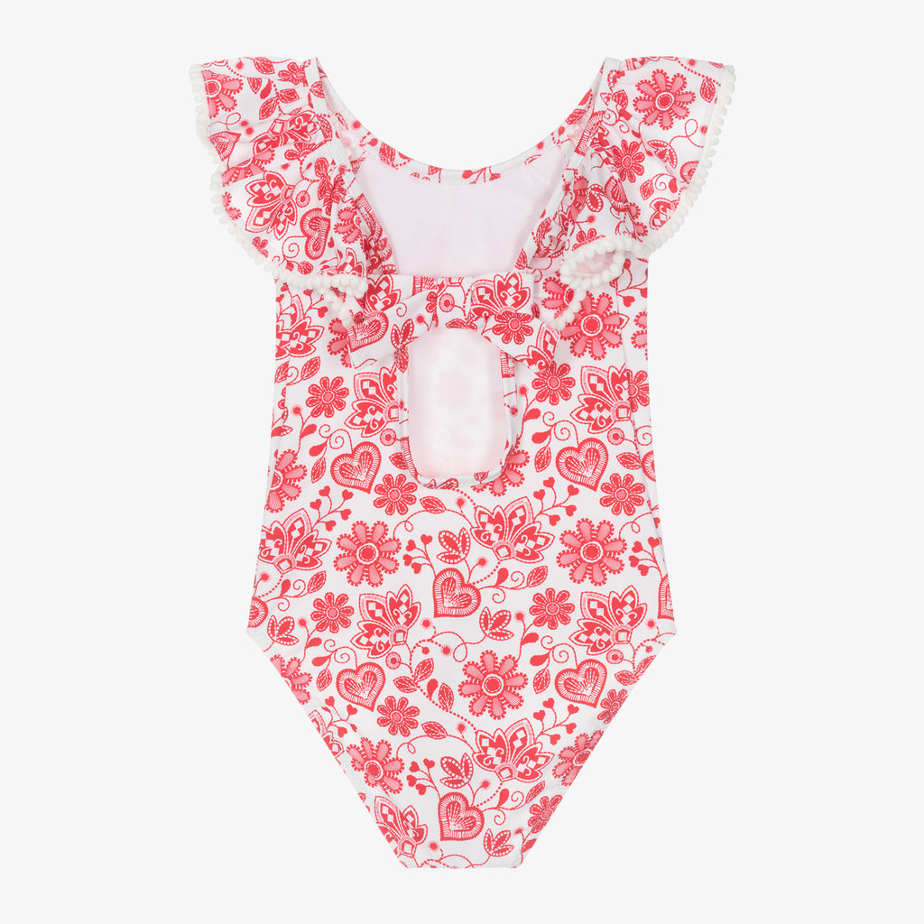 Girls Red Folk Frill Swimsuit